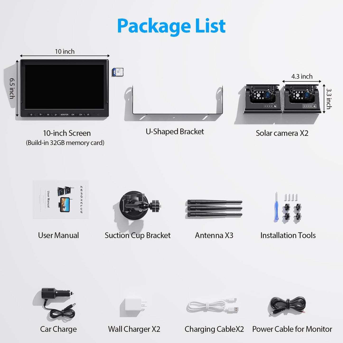 ZEROXCLUB Solar Magnetic Base Wireless Backup Camera HD 1080P 10" DVR Monitor, Dual RV Cameras Wireless System for Hitch Towing Travel RV Camper 5th Wheel, Built-in 9600mAh Battery & Solar Panel, BD102