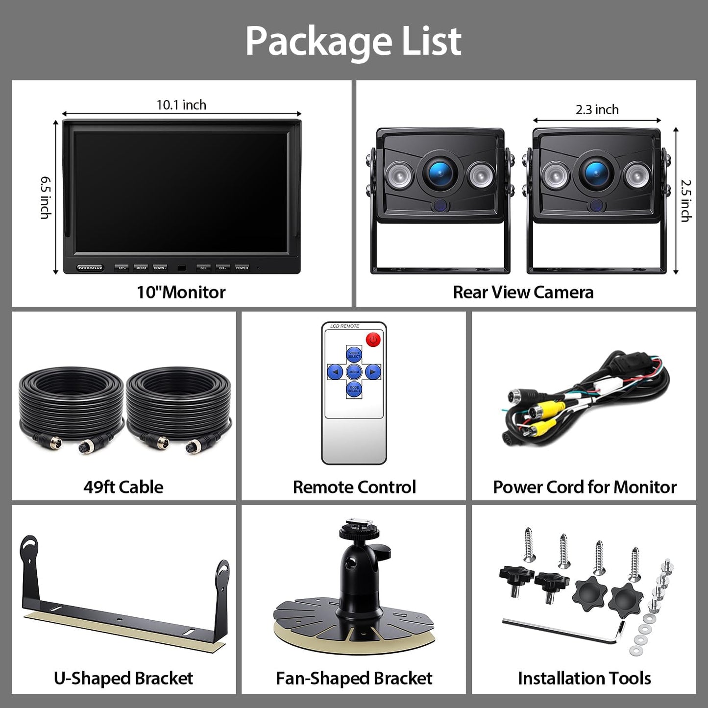 2 Wired Rear View Backup Camera System, 10" 1080P Monitor IP69K Waterproof Vibration-Proof 10G Reverse Camera, Quad Split Screen for Tractor, Truck, Trailer, Combine, Heavy Equipment, BH102