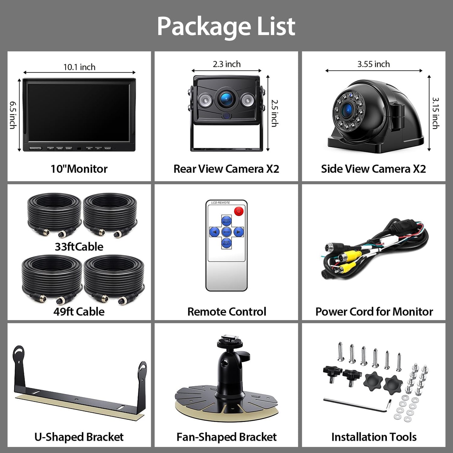 4 Wired Backup Camera System, 10" 1080P Monitor IP69K Waterproof Vibration-Proof 10G Rear Side View Camera, Quad Split Screen for Tractor, Truck, Trailer, Combine, Heavy Equipment, BH104