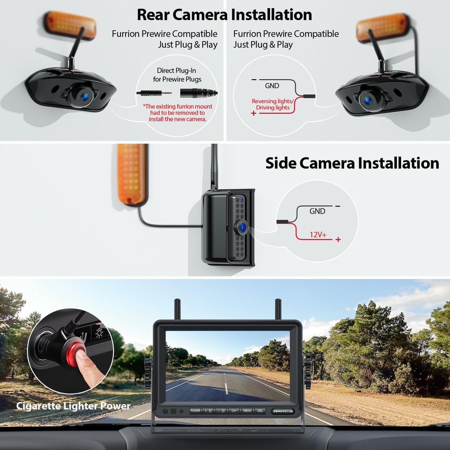 2-Camera Wireless RV Backup Camera System with 7-Inch Monitor, 1 Rear Sharkfin, 1 Side Camera, DVR Monitor & IR Night Vision, IP69K Waterproof, Compatible with Furrion Pre-Wired RVs-ZEROXCLUB BW72R