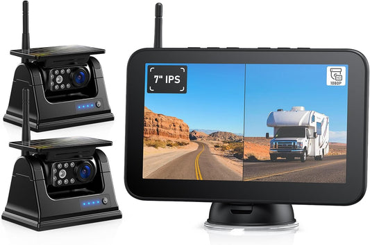 ZEROXCLUB Magnetic Solar Wireless Backup Camera HD 1080P 7" DVR Monitor, Dual RV Cameras Wireless System for Hitch Towing Travel RV Camper 5th Wheel, Built-in 9600mAh Battery & Solar Panel, BD702