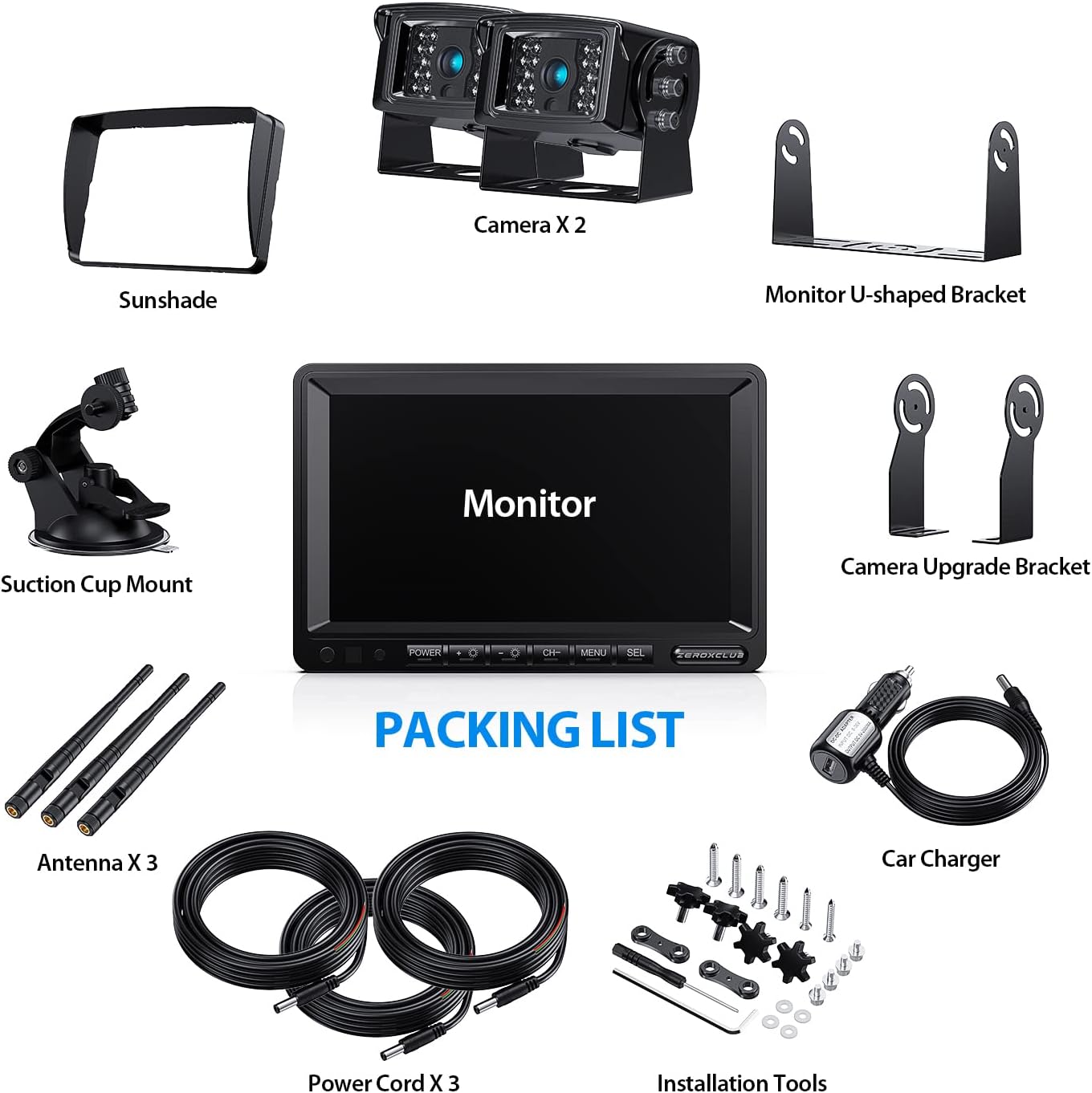 ZEROXCLUB Digital Wireless Backup Camera System Kit No Interference IP69 Waterproof Wireless Rear View Camera 7’’Wireless Reversing Monitor for Van/Semi-Trailer/RV/Box Truck (WX02)
