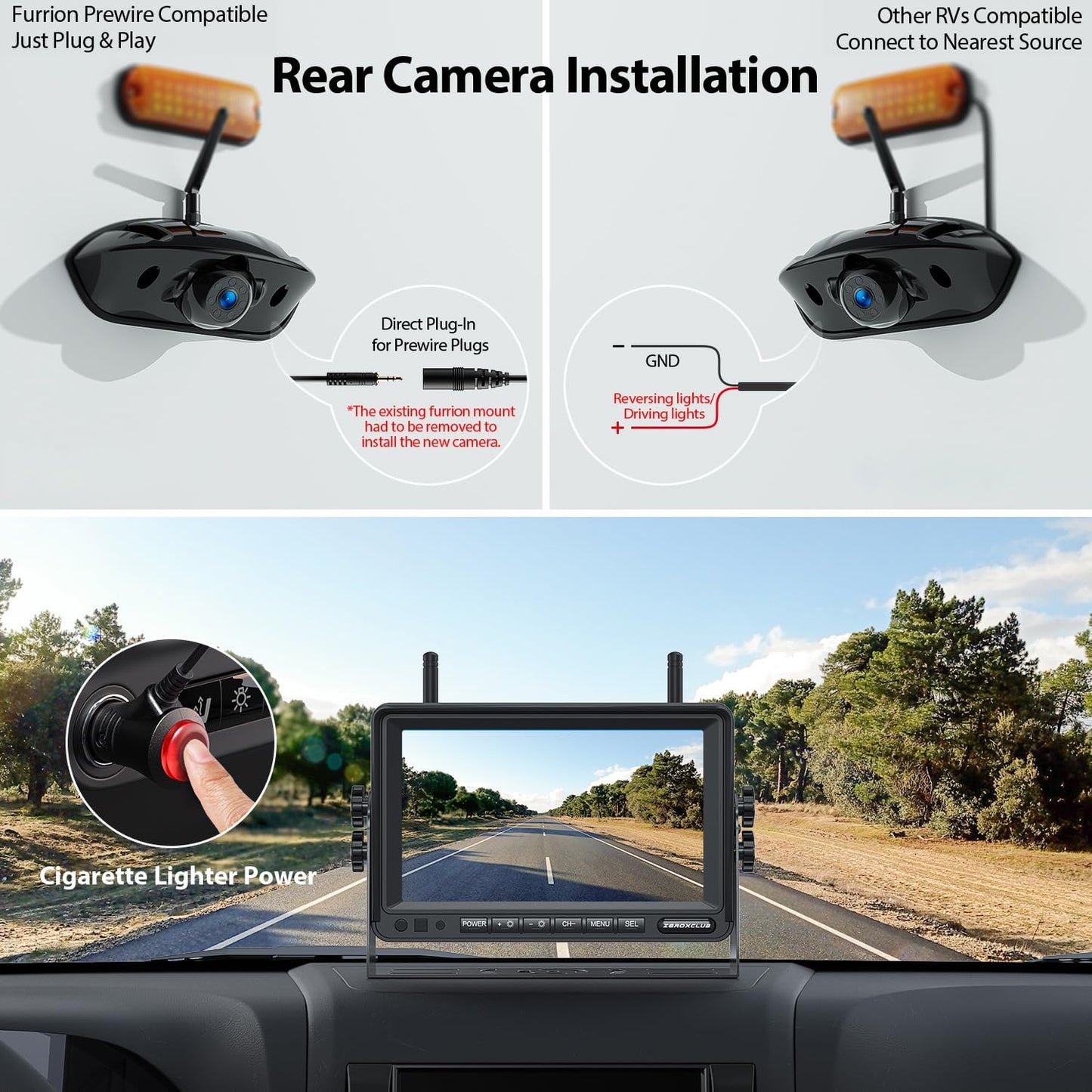 1080P 7" Wireless RV Backup Camera System, 2 Rear View Cameras, DVR Monitor & IR Night Vision, IP69K Waterproof, Compatible with Furrion Pre-Wired RVs-ZEROXCLUB BW72R