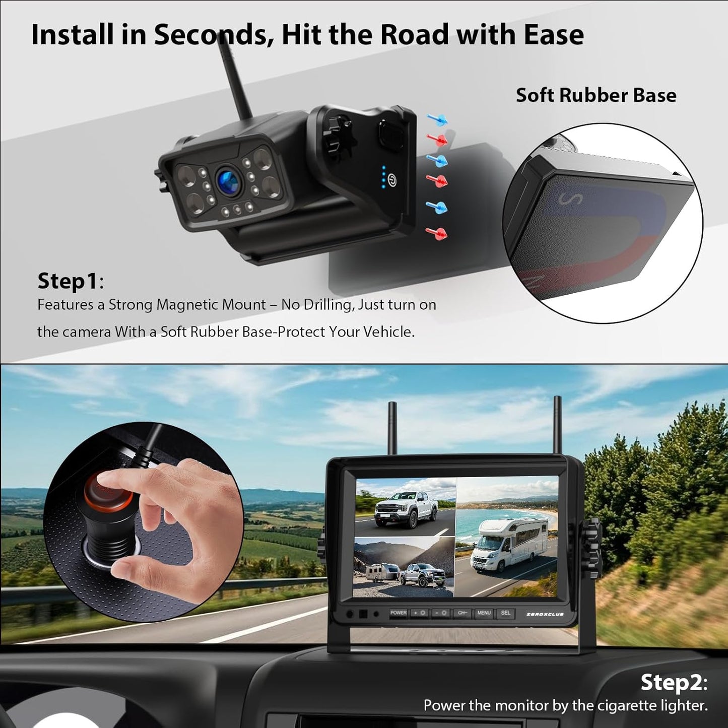 ZEROXCLUB Magnetic Wireless Backup Camera: 7" HD 1080P DVR Monitor with 1 Rear View, 2 Side View Cameras, IR Night Vision, Portable Rechargeable Camera for RV/Trailer/5 Wheels/Camper BC703
