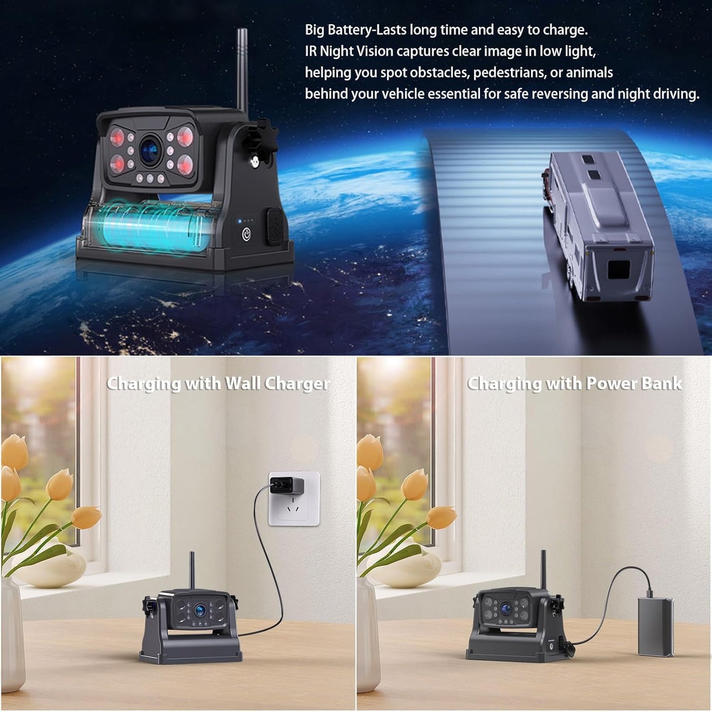 ZEROXCLUB Magnetic Wireless RV Backup Camera System: Rear Camera with 7" HD 1080P DVR Monitor, DVR Monitor & IR Night Vision, Portable Rechargeable Camera for RV/Trailer/Fifth Wheels/Camper B1C