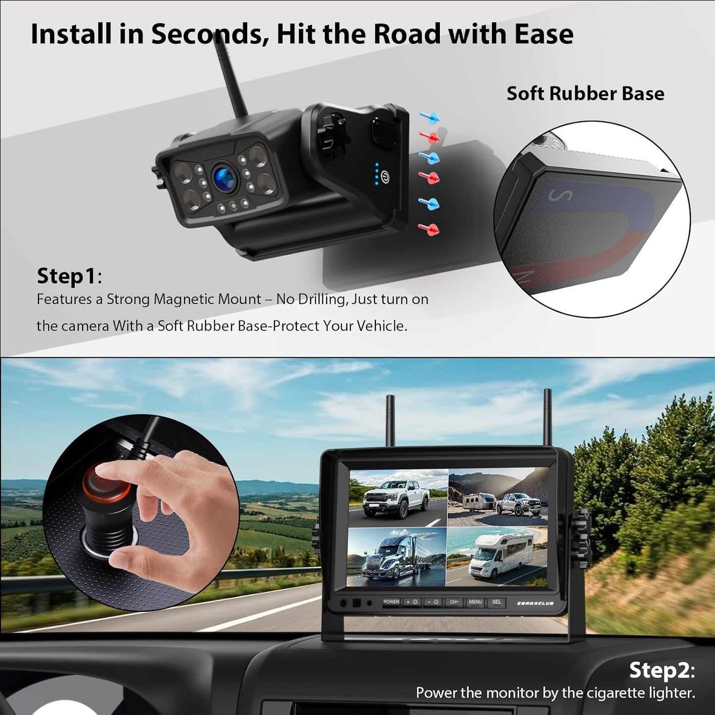Magnetic Wireless Backup Camera: 7" HD 1080P DVR Monitor with 2 Rear View, 2 Side View Cameras, IR Night Vision, Portable Rechargeable Camera for RV/Trailer/5 Wheels/Camper BC704