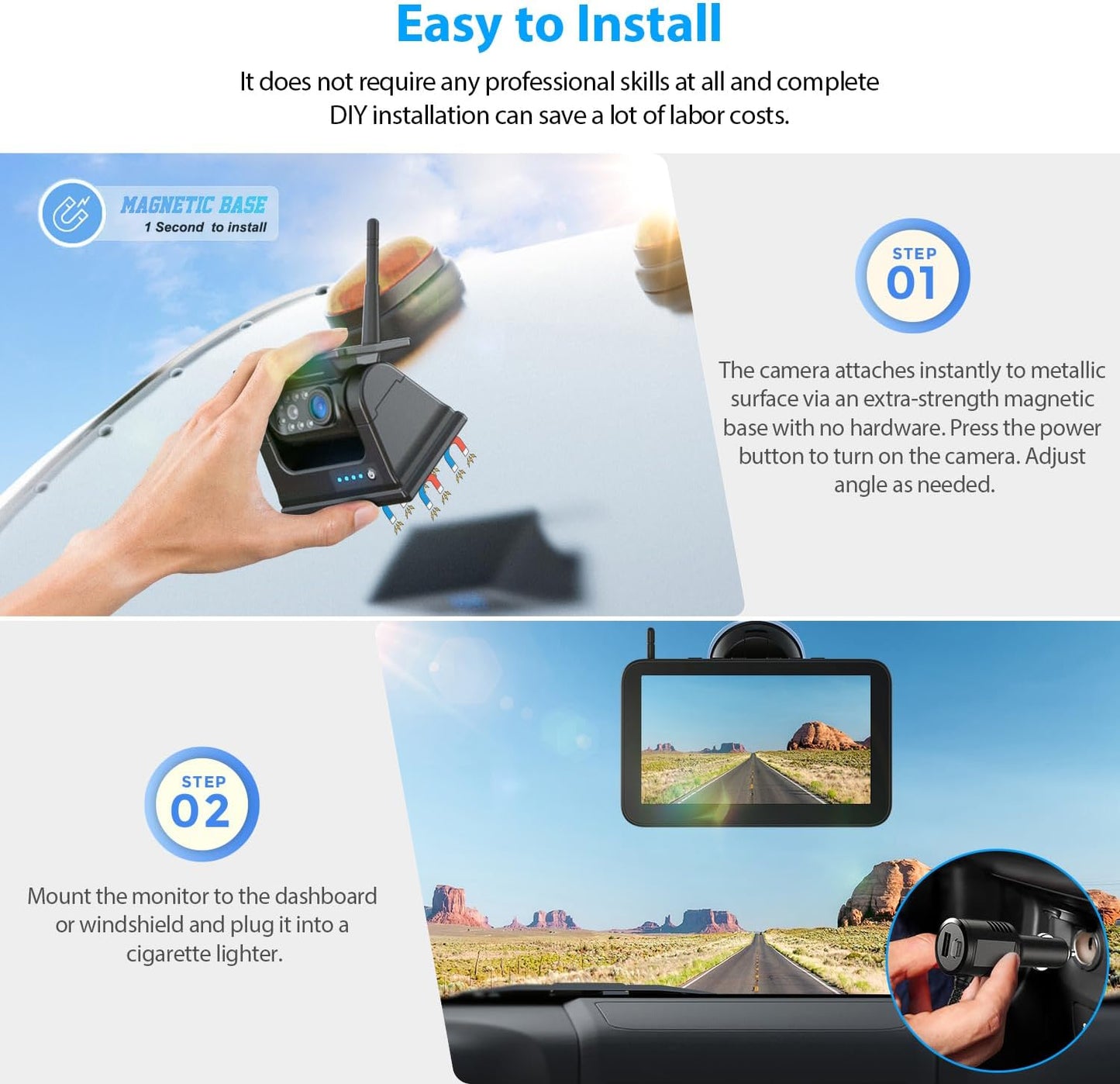 ZEROXCLUB Magnetic Solar Wireless Backup Camera 1080P 7" DVR Monitor, Rechargeable RV Camera Wireless System for Hitch Towing Travel RV Camper 5th Wheel, Built-in 9600mAh Battery & Solar Panel, BM701