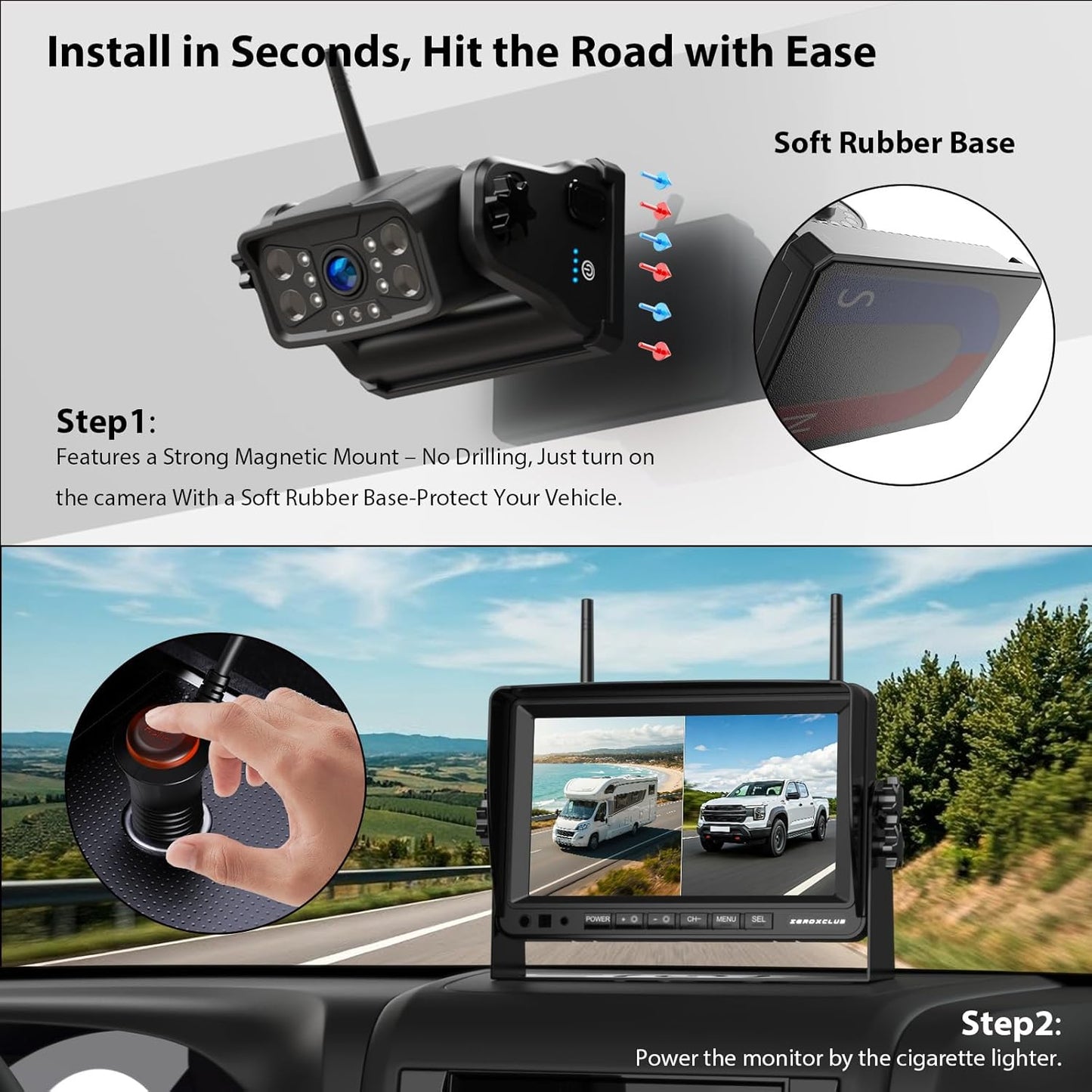ZEROXCLUB Magnetic Wireless RV Backup Camera System: 7" HD 1080P DVR Monitor with 2-Rear Camera, DVR Monitor & IR Night Vision, Portable Rechargeable Camera for RV/Trailer/Fifth Wheels/Camper BC702
