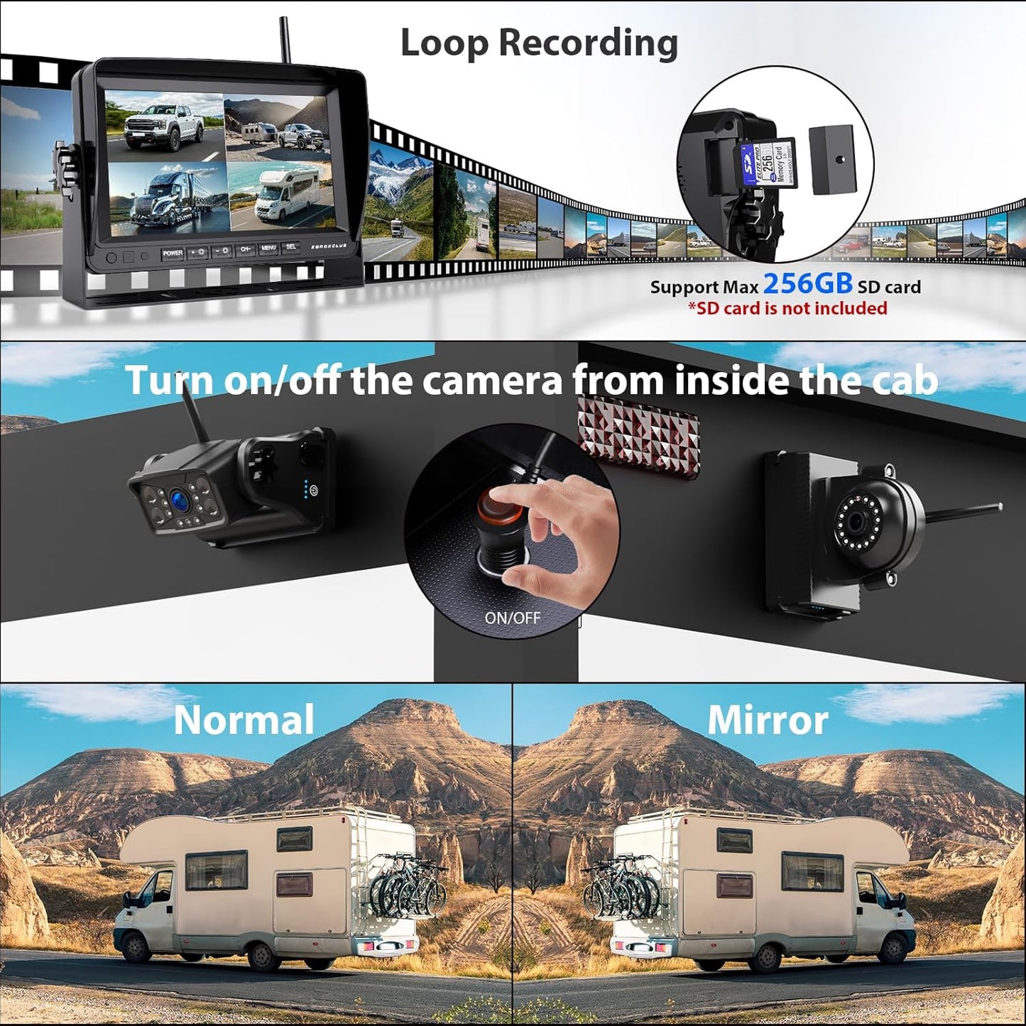 Magnetic Wireless Backup Camera: 7" HD 1080P DVR Monitor with 2 Rear View, 2 Side View Cameras, IR Night Vision, Portable Rechargeable Camera for RV/Trailer/5 Wheels/Camper BC704