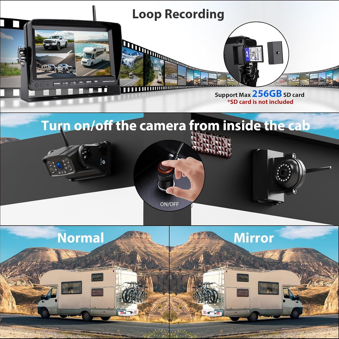 ZEROXCLUB Magnetic Wireless Backup Camera: 7" HD 1080P DVR Monitor with 1 Rear View, 2 Side View Cameras, IR Night Vision, Portable Rechargeable Camera for RV/Trailer/5 Wheels/Camper BC703