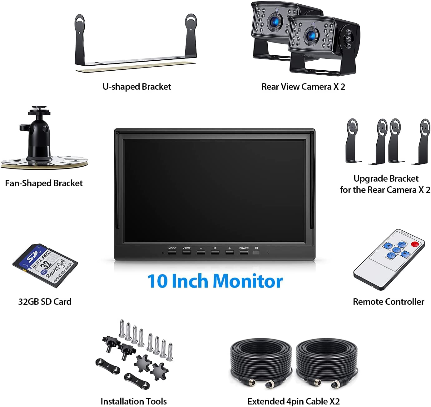ZEROXCLUB HD Backup Camera System Kit, Loop Recording 10" Large Monitor with Wired Rear View Camera, IR Night Vision 170° Waterproof Camera with Safe Parking Lines for Bus, Semi-Truck, Trailer, RV--BY102A