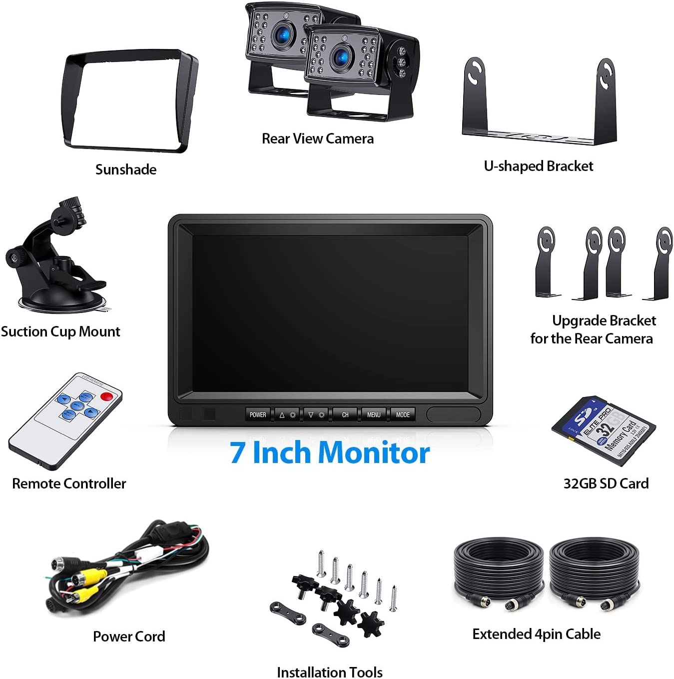 ZEROXCLUB HD Backup Camera System Kit, Loop Recording 7" Monitor with Wired Rear View Camera, IR Night Vision 170° Waterproof Camera with Safe Parking Lines for Bus, Semi-Truck, Trailer, RV, Camper--BY702A