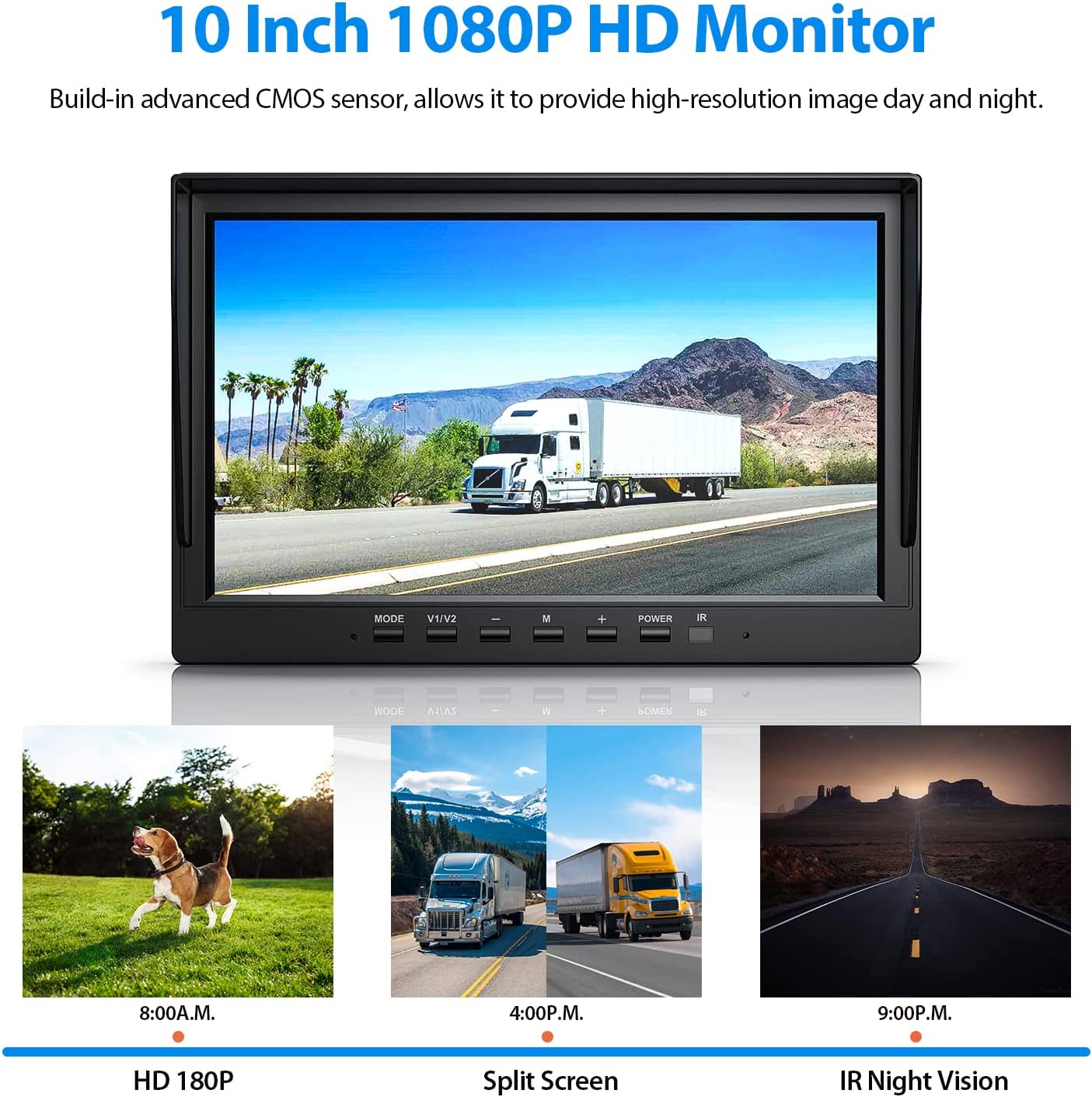 ZEROXCLUB HD Backup Camera System Kit, Loop Recording 10" Large Monitor with Wired Rear View Camera, IR Night Vision 170° Waterproof Camera with Safe Parking Lines for Bus, Semi-Truck, Trailer, RV--BY102A