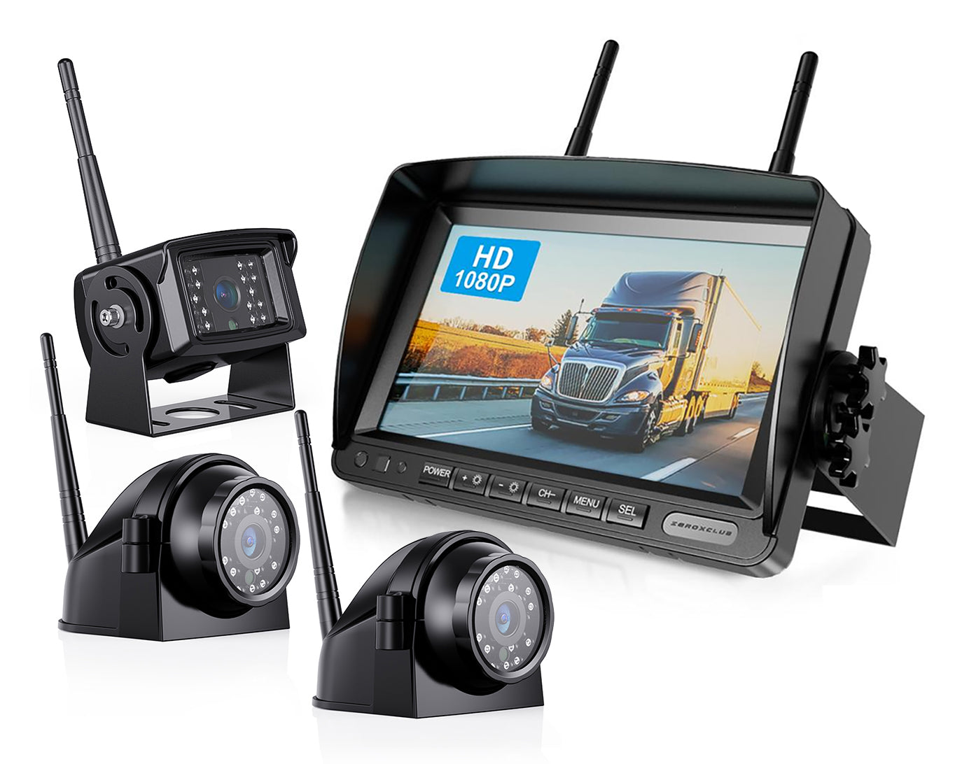 ZEROXCLUB 1080P FHD Digital Wireless Backup Camera System Kit for RV/Truck/Trailer/Van/Bus,Night Vision,7inch HD LCD Monitor with IP69 Waterproof 1 Rear View 2 Side View Camera No Interference Record-HW03