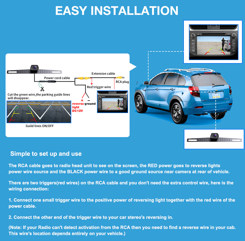 ZEROXCLUB HD Car Backup Camera 6 Auto LED Lights Night Vision, IP69 Waterproof Wired License Plate Rear View Camera 149° Wide View Reversing Camera for Car Pickup Truck SUV-B2