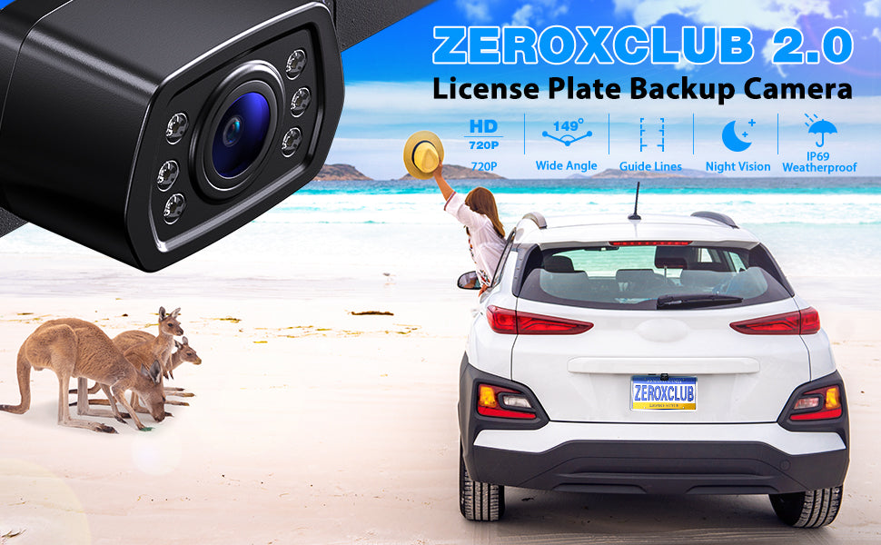 ZEROXCLUB HD Car Backup Camera 6 Auto LED Lights Night Vision, IP69 Waterproof Wired License Plate Rear View Camera 149° Wide View Reversing Camera for Car Pickup Truck SUV-B2