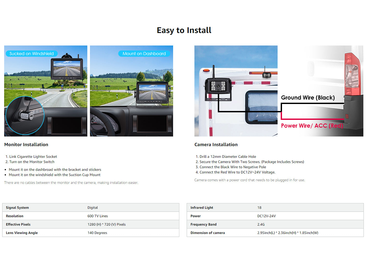 ZEROXCLUB Kit de cámara de respaldo inalámbrica con monitor DVR Quad Split  de 7 pulgadas, cámara de visión lateral trasera FHD de 1080P, impermeable