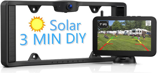 ZEROXCLUB Solar Wireless Backup Camera, 6400mAh Rechargeble Battery, 7 Inch HD 1080P LCD Monitor & IP69 Waterproof Night Vision License Plate Camera System for RV/Truck/Trailer/Van/Bus, 3-step Easy to Install, BS7