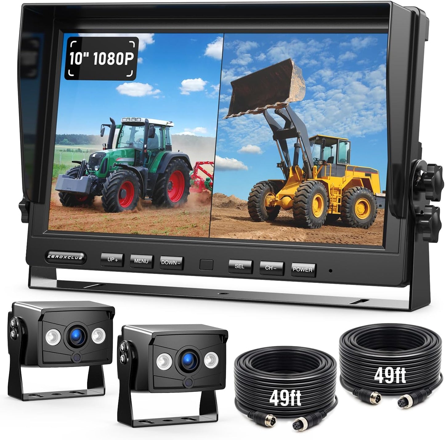 2 Wired Rear View Backup Camera System, 10" 1080P Monitor IP69K Waterproof Vibration-Proof 10G Reverse Camera, Quad Split Screen for Tractor, Truck, Trailer, Combine, Heavy Equipment, BH102