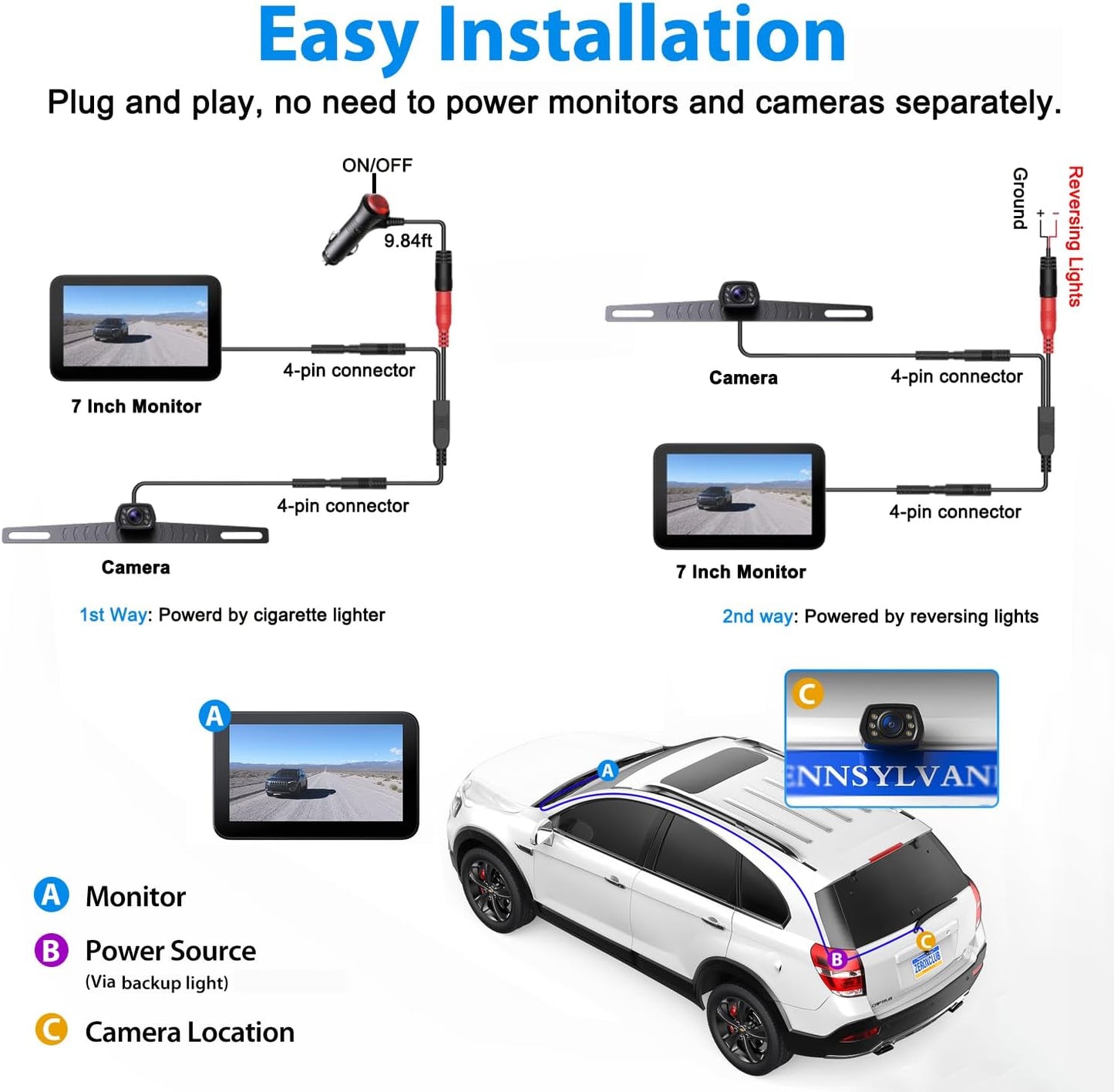 ZEROXCLUB Wired Backup Camera Kit, 7 Inch 1080P Display, Designed for Car Pickup Trucks SUVs Vans RVs License Plate Rearview Reversing Camera Night Vision IP69 Waterproof Wide View - B7