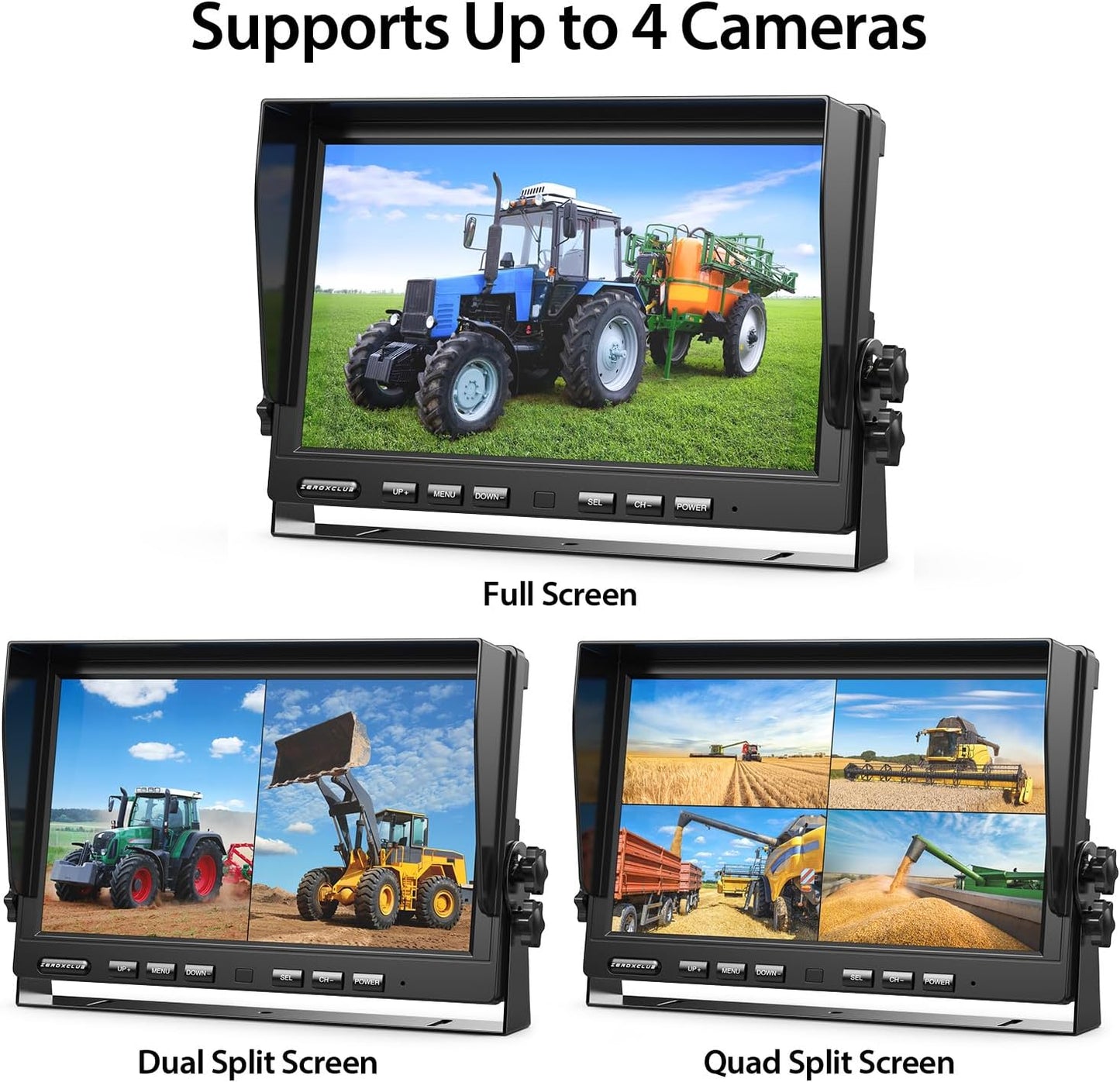 2 Wired Rear View Backup Camera System, 10" 1080P Monitor IP69K Waterproof Vibration-Proof 10G Reverse Camera, Quad Split Screen for Tractor, Truck, Trailer, Combine, Heavy Equipment, BH102