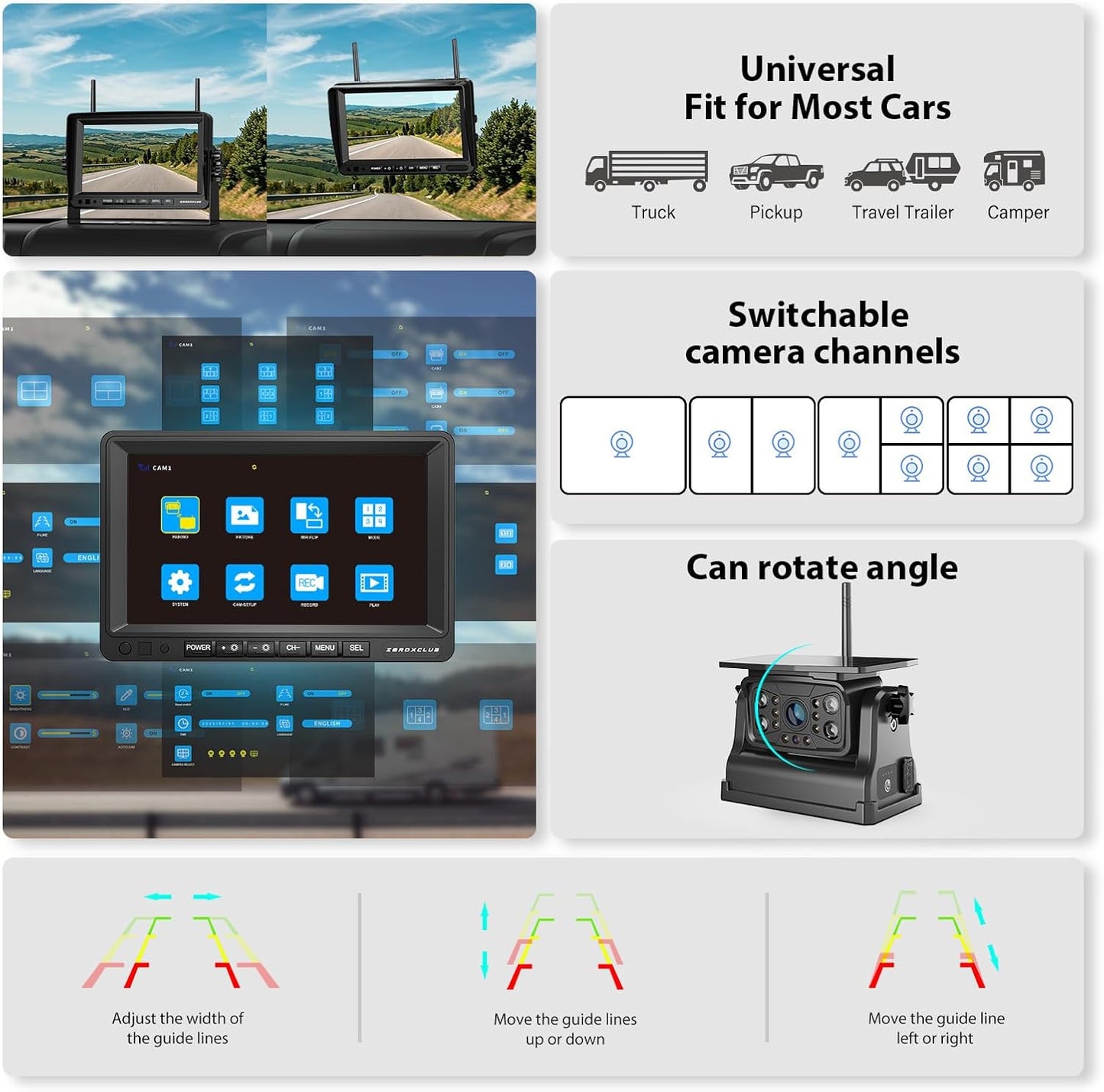 Magnetic Solar Wireless Backup Camera System, HD 1080P 7" Monitor with Rear View Camera for RV/Trailer/Fifth Wheels/Camper, Night Vision, Portable Rechargeable Battery, Loop Recording-ZEROXCLUB BS701