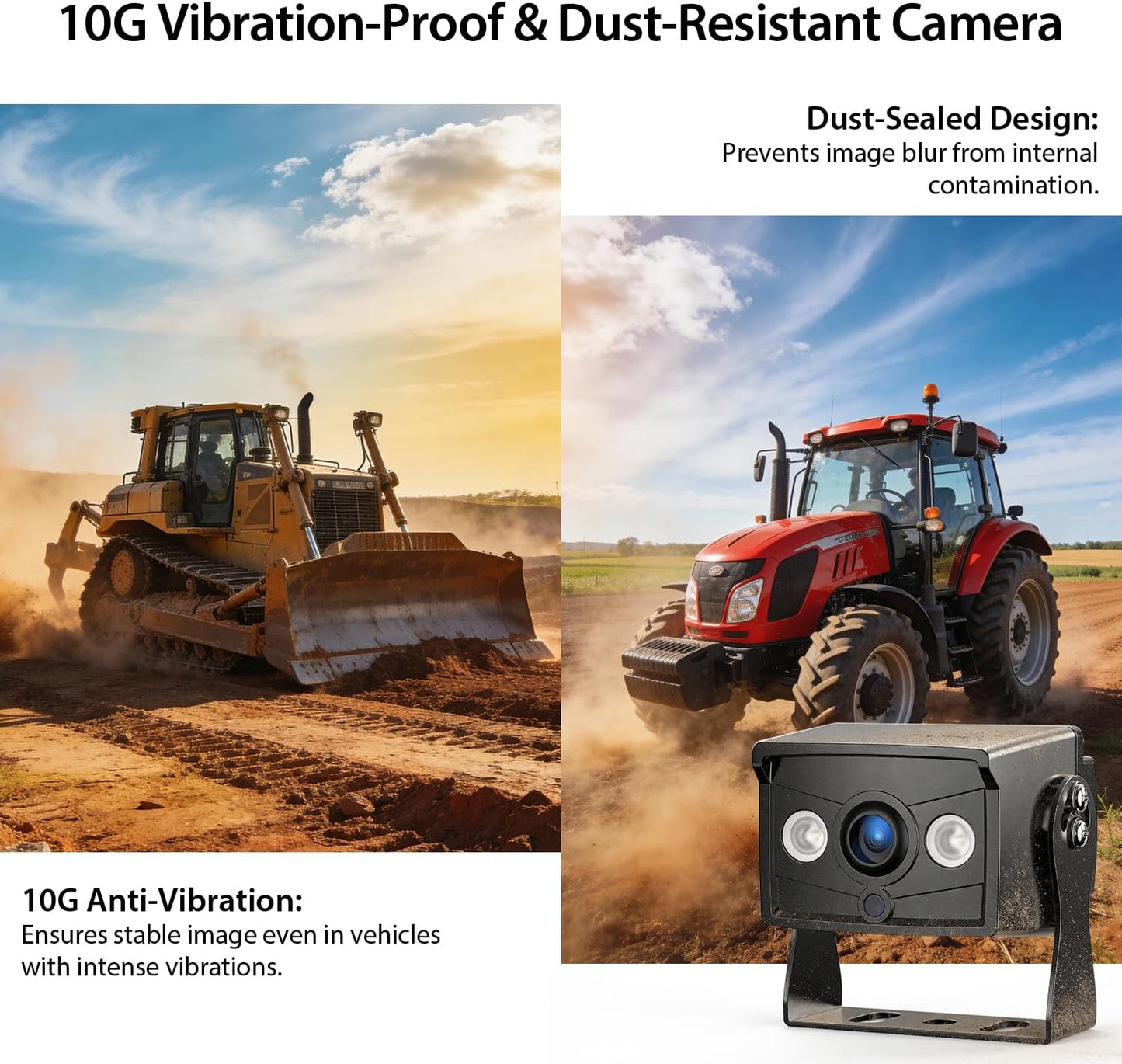 7" 1080P Wired Rear View Backup Camera System, Dual Split Screen IP69K Waterproof Reverse Camera, Vibration-Proof 10G for Tractor, Truck, Trailer, Combine, Heavy Equipment, BH701