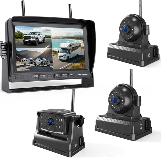 ZEROXCLUB Magnetic Wireless Backup Camera: 7" HD 1080P DVR Monitor with 1 Rear View, 2 Side View Cameras, IR Night Vision, Portable Rechargeable Camera for RV/Trailer/5 Wheels/Camper BC703