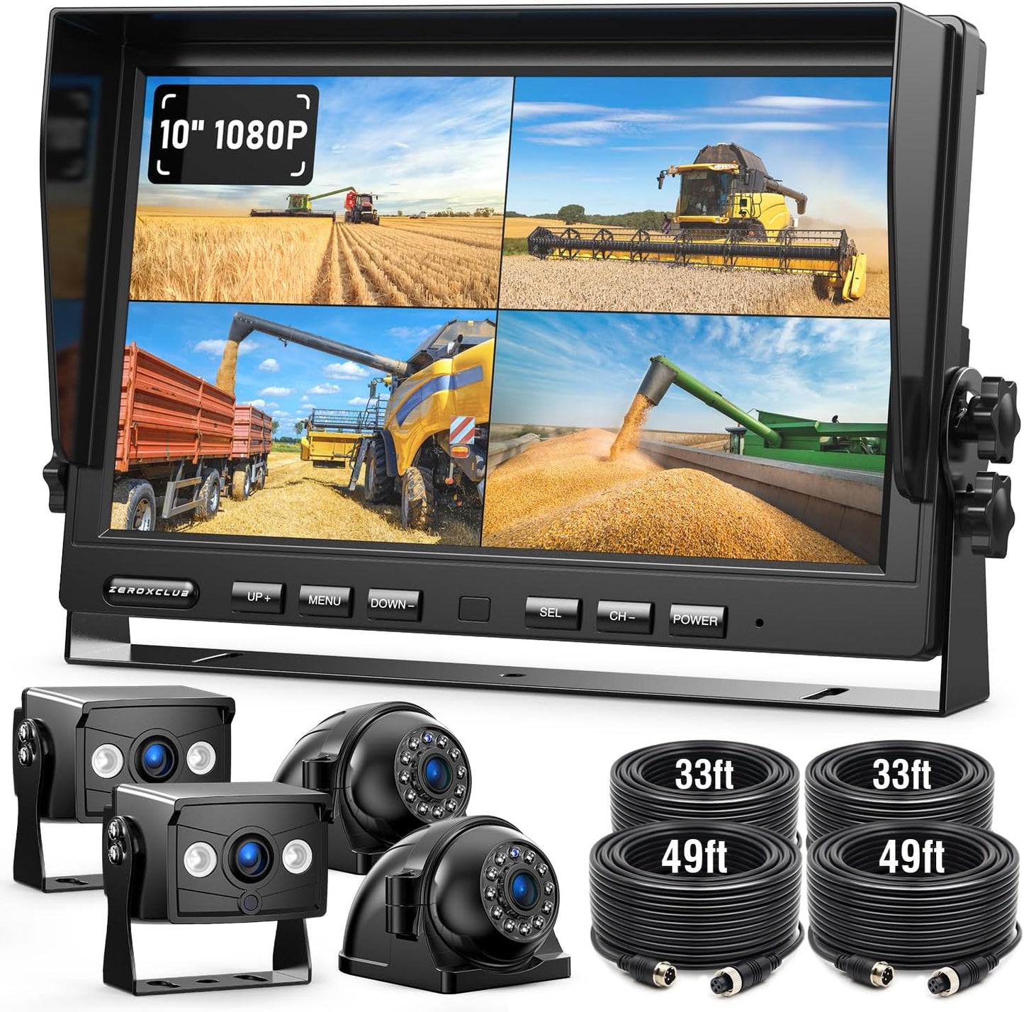 4 Wired Backup Camera System, 10" 1080P Monitor IP69K Waterproof Vibration-Proof 10G Rear Side View Camera, Quad Split Screen for Tractor, Truck, Trailer, Combine, Heavy Equipment, BH104