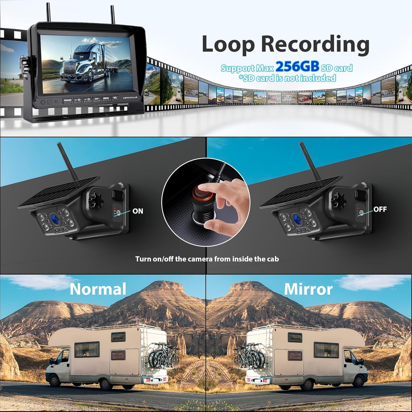 Magnetic Solar Wireless Backup Camera System, HD 1080P 7" Monitor with Rear View Camera for RV/Trailer/Fifth Wheels/Camper, Night Vision, Portable Rechargeable Battery, Loop Recording-ZEROXCLUB BS701