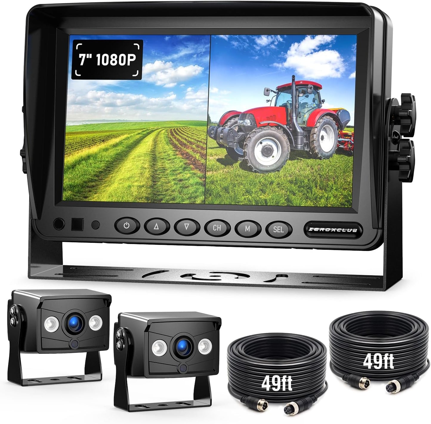 2 Wired Rear View Backup Camera System, 7" 1080P Monitor IP69K Waterproof Vibration-Proof 10G Reverse Camera, Dual Split Screen for Tractor, Truck, Trailer, Combine, Heavy Equipment, BH702