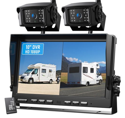 ZEROXCLUB 10'' 1080P Wireless Backup Camera System, 10 Inch DVR Dual/Quad Monitor Wireless 2 Rear View Cameras for RV/Truck/Trailer/Camper, IP69 Waterproof Digital Signal Recording System-BW102