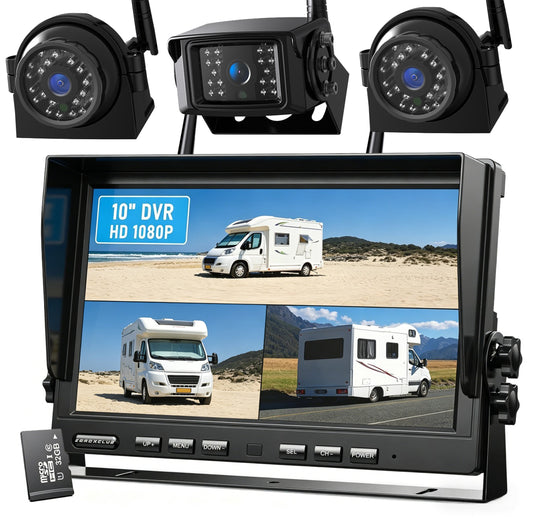 ZEROXCLUB 1080P Wireless Backup Camera System with 10 Inch DVR 4 Split Monitor, IP69 Waterproof Stable Signal Record Wireless Rear Side View Camera for RV Truck Trailer Camper (BW103)