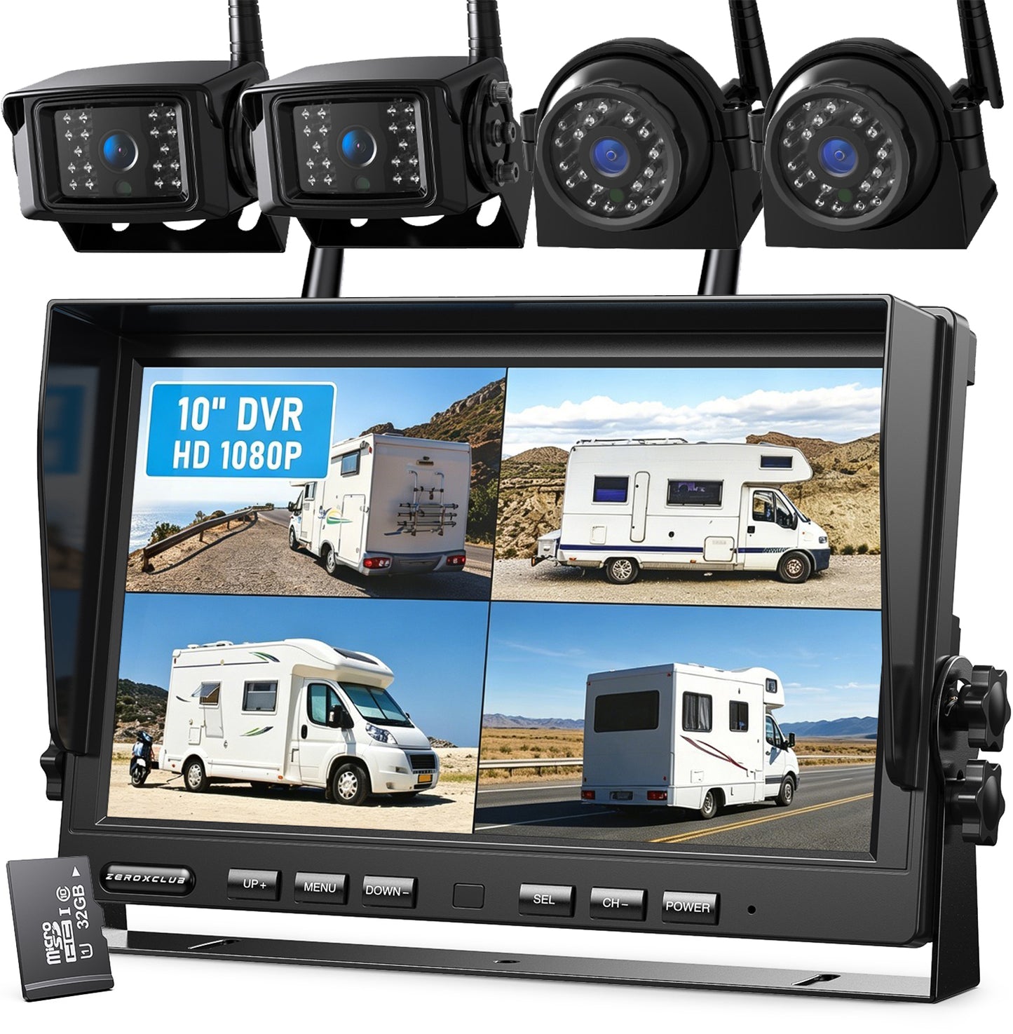 ZEROXCLUB 10'' 1080P Wireless Backup Camera System, 10 Inch DVR Quad Split Monitor Wireless Rear Side View Cameras, IP69 Waterproof Digital Signal Record System for RV/Truck/Trailer/Camper-BW104SL