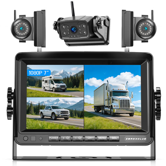 ZEROXCLUB Magnetic Wireless Backup Camera: 7" HD 1080P DVR Monitor with 1 Rear View, 2 Side View Cameras, IR Night Vision, Portable Rechargeable Camera for RV/Trailer/5 Wheels/Camper BC703