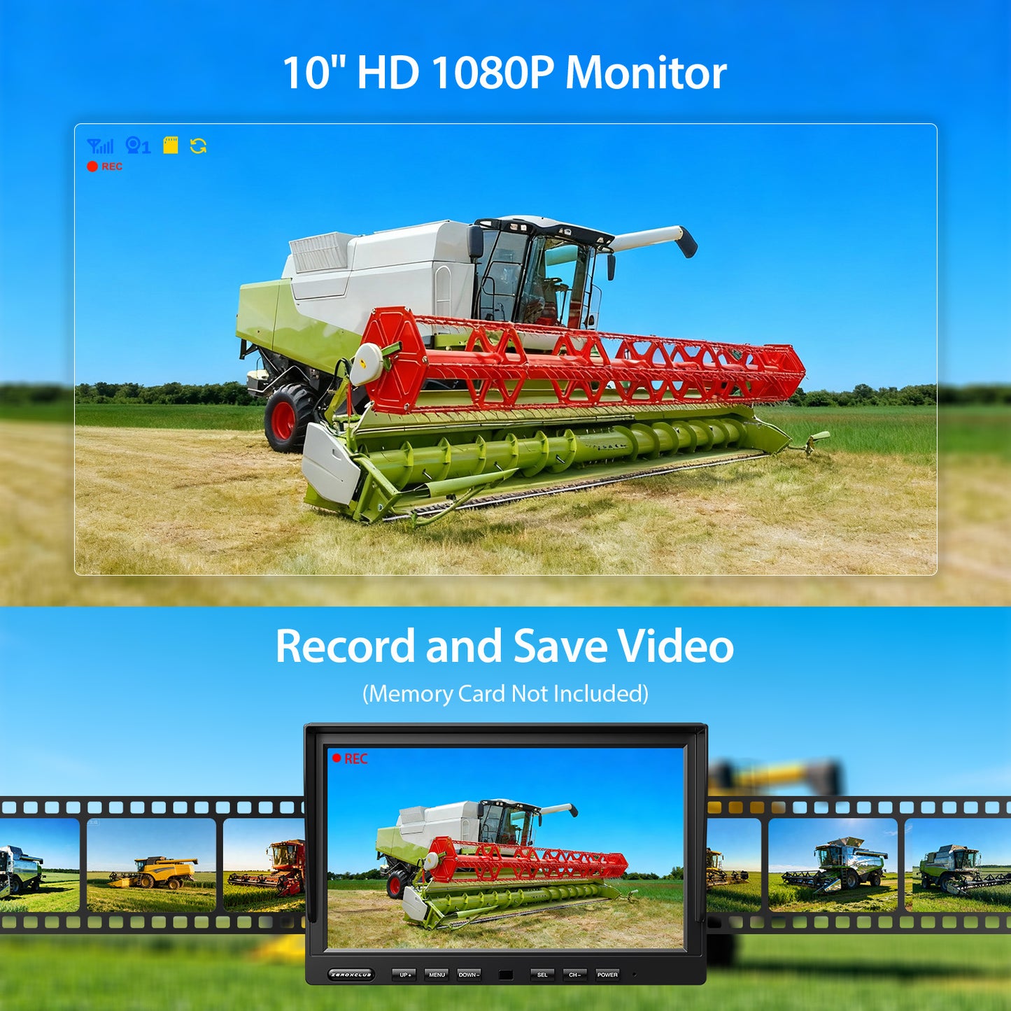 ZEROXCLUB 10" 1080P Wired Rear View Backup Camera System, Quad Split Screen IP69K Waterproof Reverse Camera, Vibration-Proof 10G for Tractor, Truck, Trailer, Combine, Heavy Equipment, BH101