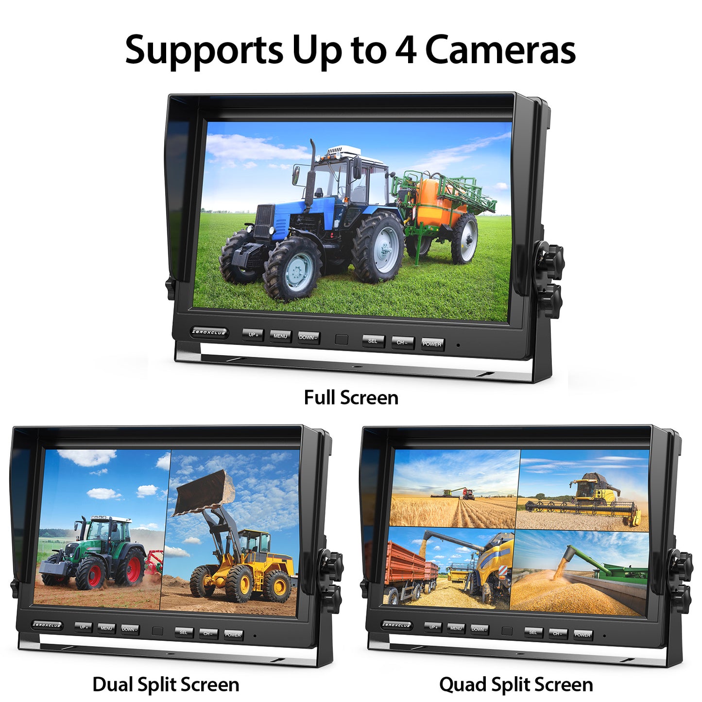 ZEROXCLUB 10" 1080P Wired Rear View Backup Camera System, Quad Split Screen IP69K Waterproof Reverse Camera, Vibration-Proof 10G for Tractor, Truck, Trailer, Combine, Heavy Equipment, BH101
