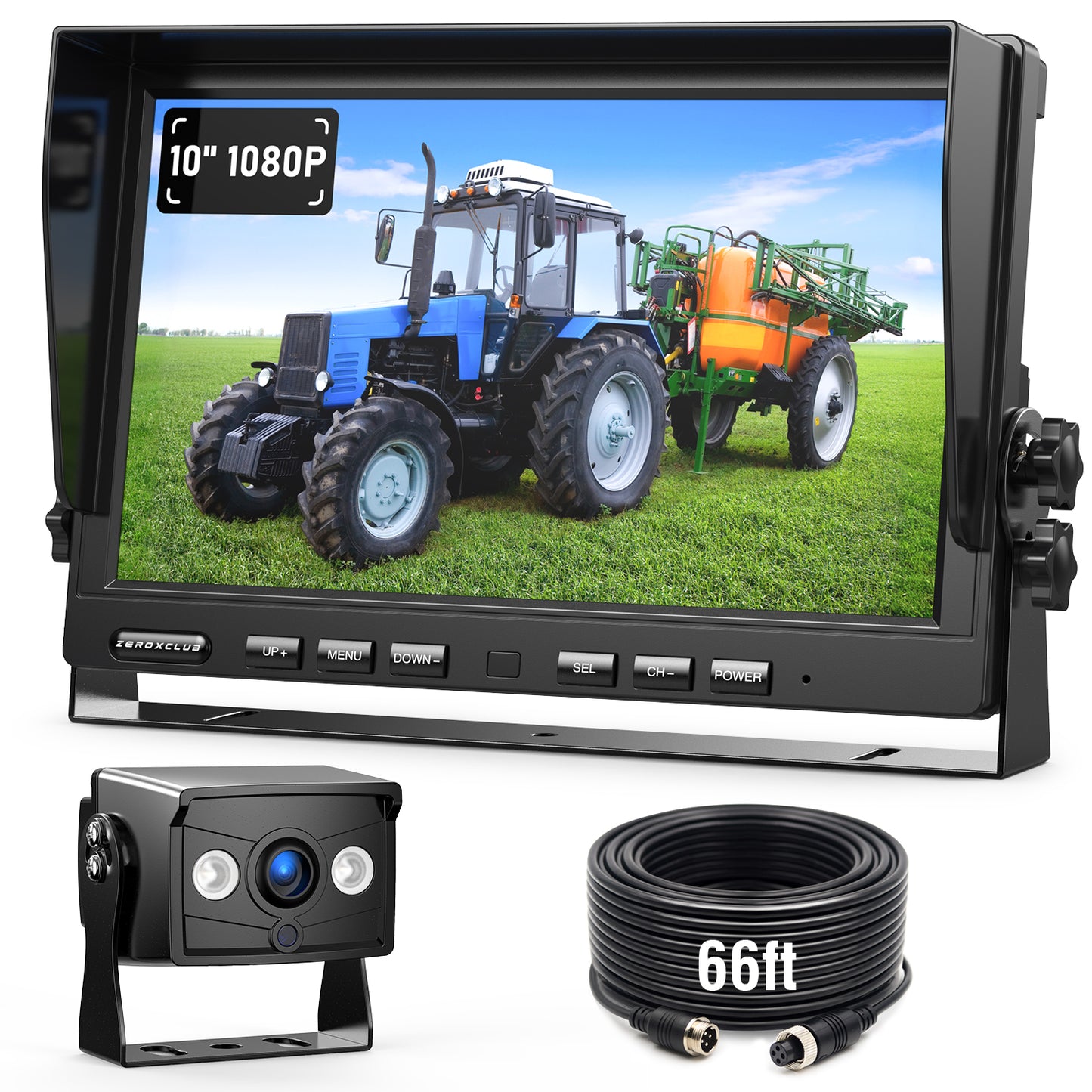 ZEROXCLUB 10" 1080P Wired Rear View Backup Camera System, Quad Split Screen IP69K Waterproof Reverse Camera, Vibration-Proof 10G for Tractor, Truck, Trailer, Combine, Heavy Equipment, BH101