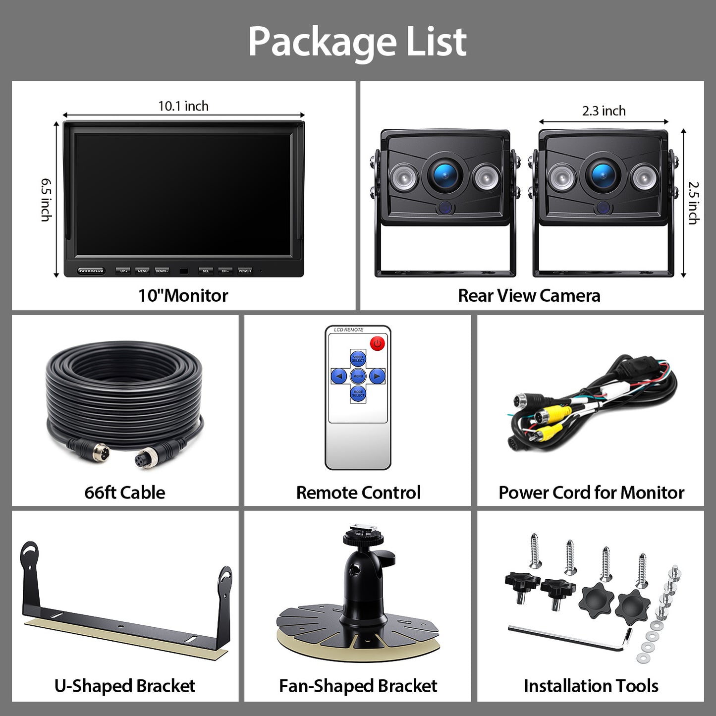 ZEROXCLUB 2 Wired Rear View Backup Camera System, 10" 1080P Monitor IP69K Waterproof Vibration-Proof 10G Reverse Camera, Quad Split Screen for Tractor, Truck, Trailer, Combine, Heavy Equipment, BH102