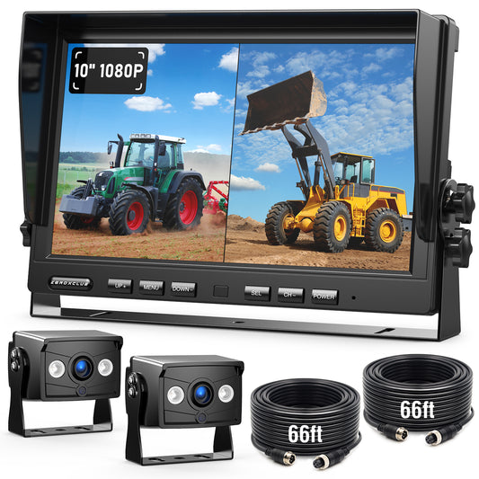 ZEROXCLUB 2 Wired Rear View Backup Camera System, 10" 1080P Monitor IP69K Waterproof Vibration-Proof 10G Reverse Camera, Quad Split Screen for Tractor, Truck, Trailer, Combine, Heavy Equipment, BH102