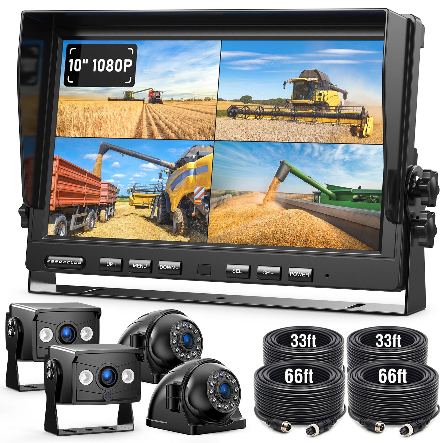 ZEROXCLUB 4 Wired Backup Camera System, 10" 1080P Monitor IP69K Waterproof Vibration-Proof 10G Rear Side View Camera, Quad Split Screen for Tractor, Truck, Trailer, Combine, Heavy Equipment, BH104