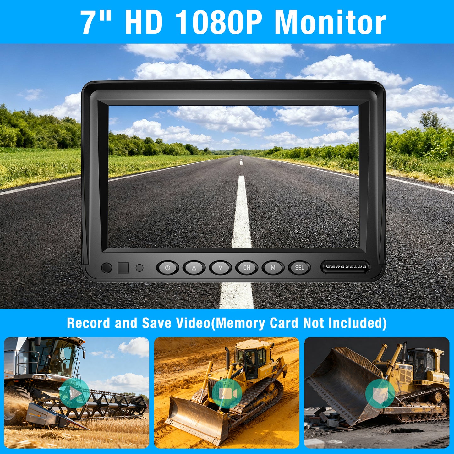 ZEROXCLUB 2 Wired Rear View Backup Camera System, 7" 1080P Monitor IP69K Waterproof Vibration-Proof 10G Reverse Camera, Dual Split Screen for Tractor, Truck, Trailer, Combine, Heavy Equipment, BH702