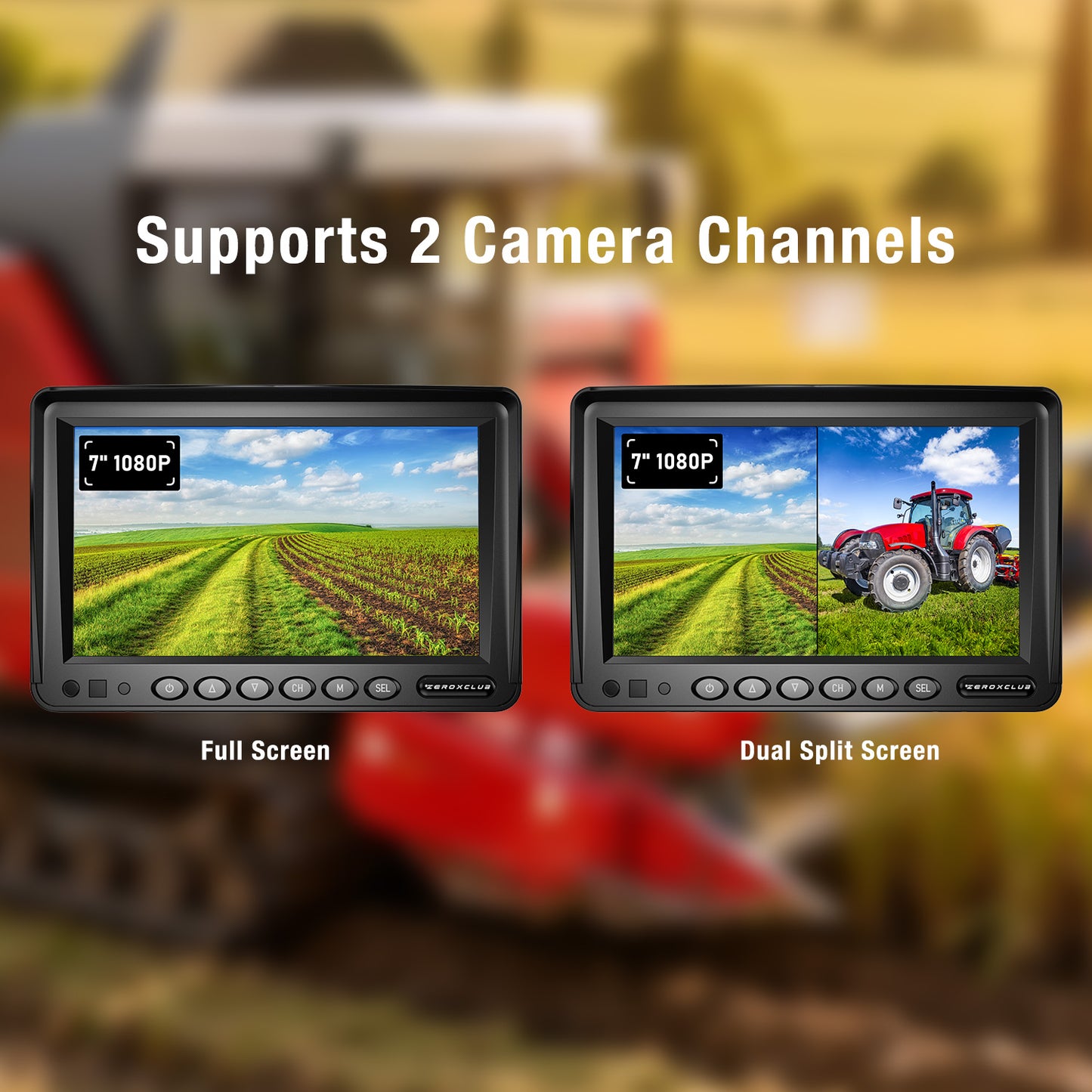 ZEROXCLUB 2 Wired Rear View Backup Camera System, 7" 1080P Monitor IP69K Waterproof Vibration-Proof 10G Reverse Camera, Dual Split Screen for Tractor, Truck, Trailer, Combine, Heavy Equipment, BH702