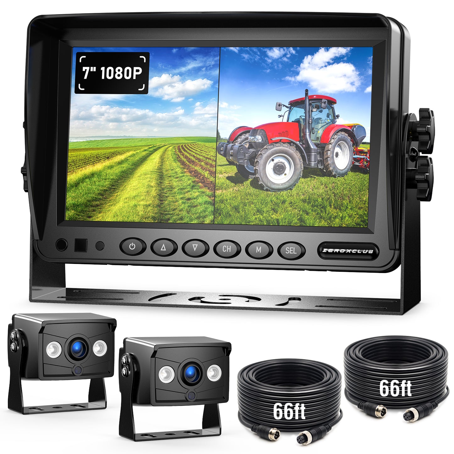 ZEROXCLUB 2 Wired Rear View Backup Camera System, 7" 1080P Monitor IP69K Waterproof Vibration-Proof 10G Reverse Camera, Dual Split Screen for Tractor, Truck, Trailer, Combine, Heavy Equipment, BH702