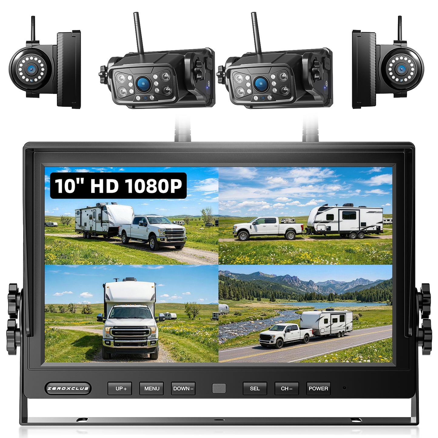 Magnetic Wireless Backup Camera: 10" HD 1080P DVR Monitor with 2 Rear View 2 Side View Cameras for Travel Trailer/Fifth Wheels/RV/Camper, Portable Rechargeable Battery BC104