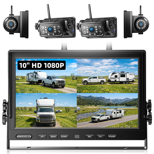 Magnetic Wireless Backup Camera: 10" HD 1080P DVR Monitor with 2 Rear View 2 Side View Cameras for Travel Trailer/Fifth Wheels/RV/Camper, Portable Rechargeable Battery BC104