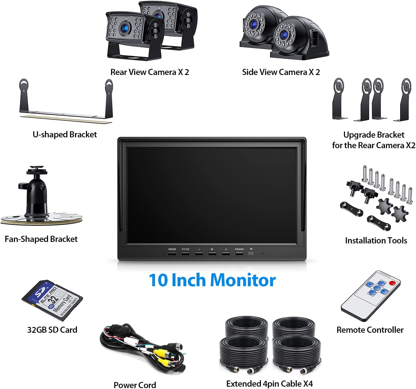 ZEROXCLUB HD Backup Camera System Kit, Loop Recording 10" Large Monitor with Wired Rear View Camera, IR Night Vision 170° Waterproof Camera with Safe Parking Lines for Bus, Semi-Truck, Trailer, RV--BY104A