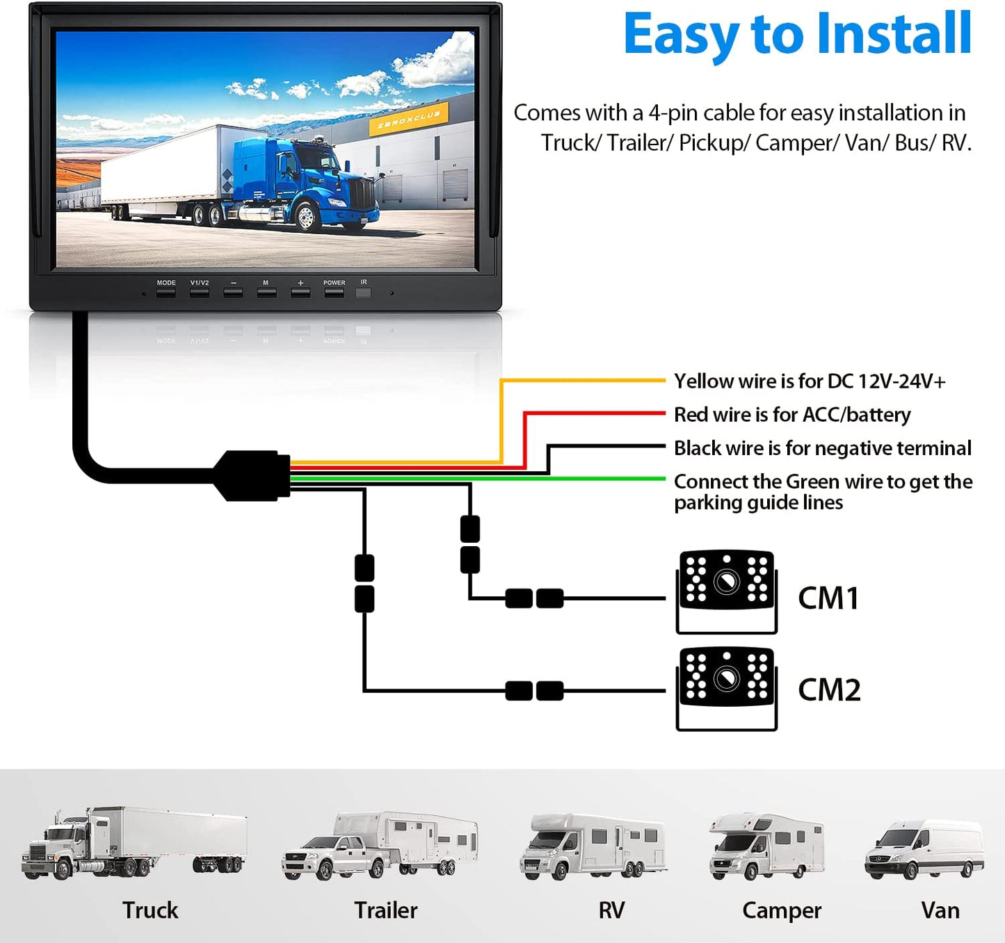 ZEROXCLUB HD Backup Camera System Kit, Loop Recording 10" Large Monitor with Wired Rear View Camera, IR Night Vision 170° Waterproof Camera with Safe Parking Lines for Bus, Semi-Truck, Trailer, RV--BY102A