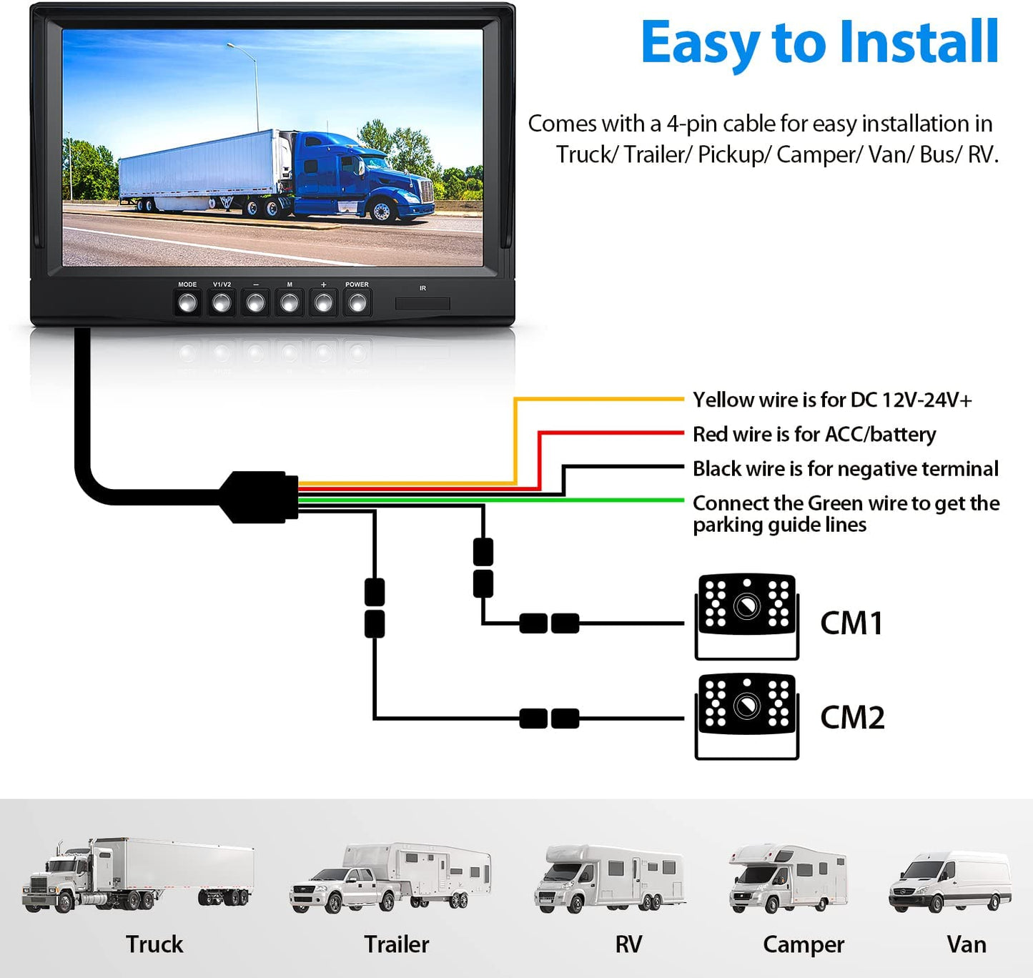 ZEROXCLUB HD Backup Camera System Kit, 9" Large Monitor with Loop Recording, Wired Rear View Camera, IR Night Vision 170° Waterproof Camera with Safe Parking Lines for Bus, Semi-Truck, Trailer, RV--BY902A