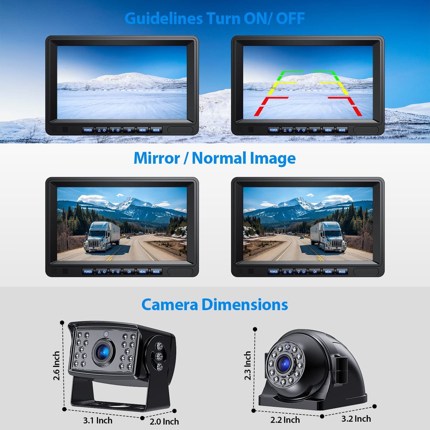 ZEROXCLUB HD Backup Camera System Kit, Loop Recording 7" Monitor with 4 Cameras, IR Night Vision Waterproof Camera with Parking Lines for Bus, Semi-Truck, Trailer, RV, Camper, BY704A